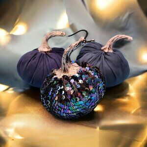 Blue Pumpkins Sequin Iridescent Fabric Gothic Halloween Decor Silver Stems 3 PC